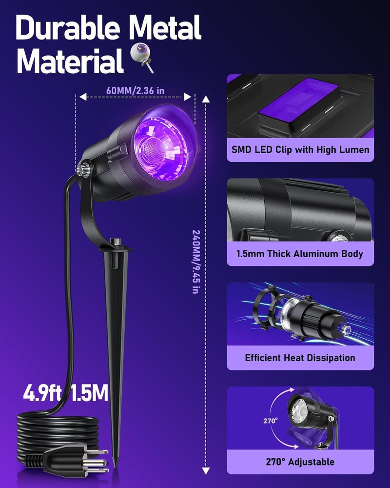 HIBOITEC Halloween Black Light Spotlight Outdoor 12W IP65 Waterproof LED Spot Lights Landscape Lighting with US Plug for Glow Party Body Paint Yard Garden Decorations 2Packs - Image 3